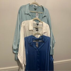 Elegant Women's Satin Blouse Set - Blue, White, Light Blue
